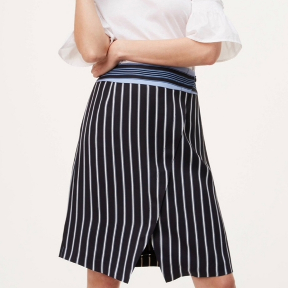 LOFT Black White and‎ Blue pin Striped Asymmetrical Hem Pencil Skirt Size 10 New - Picture 1 of 12